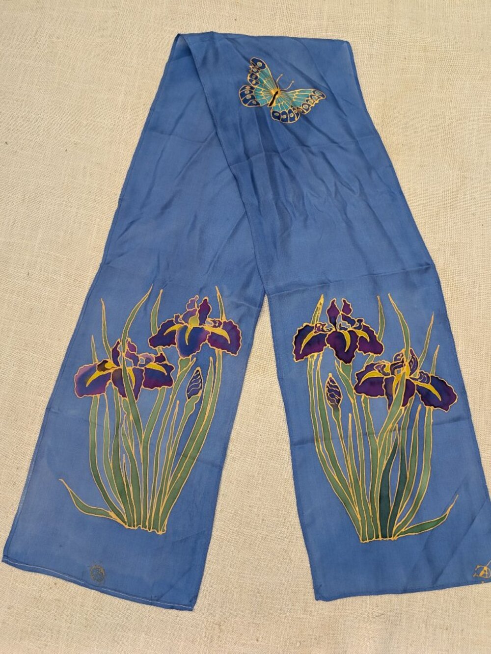 Hand Painted Iris & Butterfly with Gold-outline Silk Scarf 11" x 56" - Picture 2 of 6